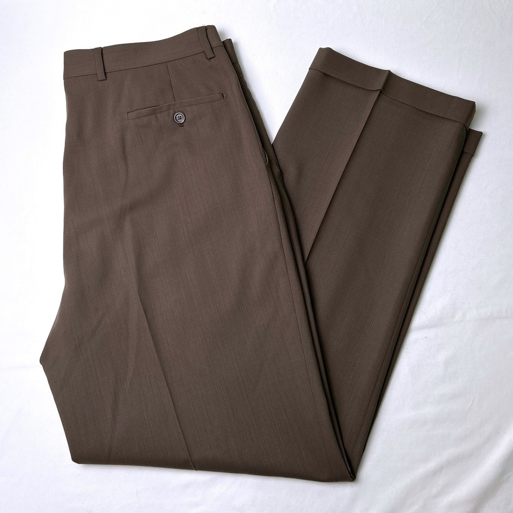 Pronto Uomo Mens 100% Wool Flat Front Cuffed Dress Pants Size 36x32 Brown Office